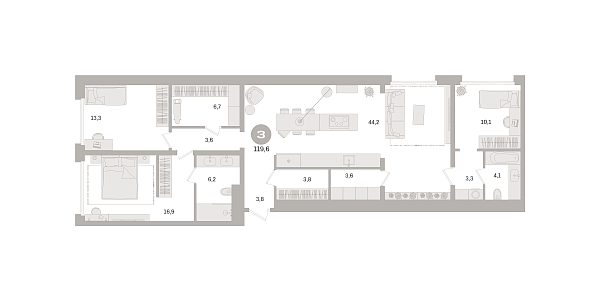Новая 3-к квартира
 119.6 м² на 5/21 этаже в ЖК «Дом «А»» в городе Тюмень 