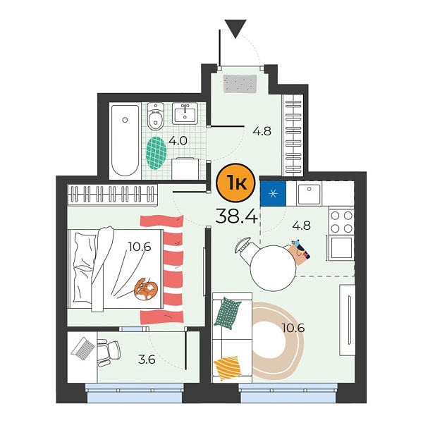 Новая 1-к квартира
 38.4 м² на 6/25 этаже в ЖК «Корней» в городе Тюмень 