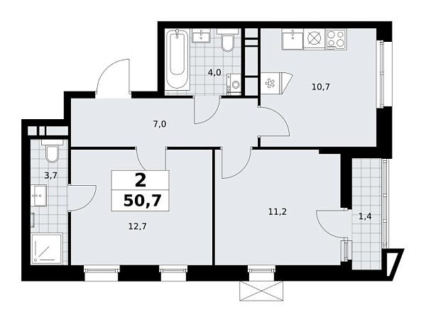 Новая 2-к квартира
 50.7 м² на 12/16 этаже в ЖК «Прокшино» в городе Тюмень 