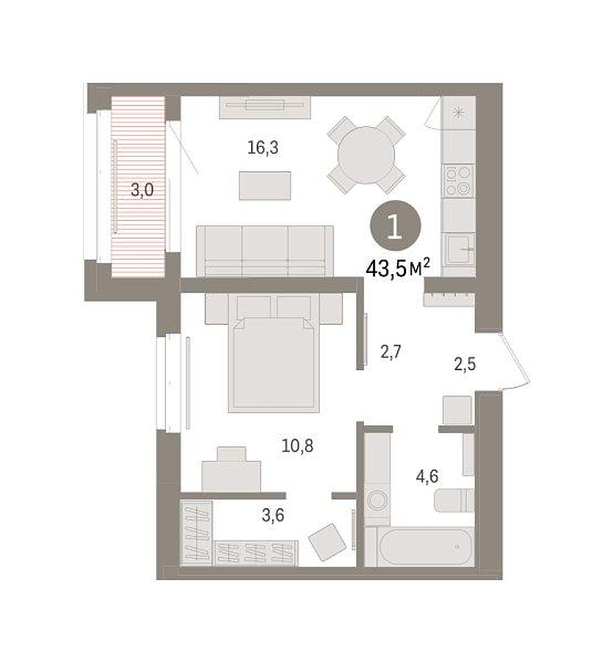 Новая 1-к квартира
 43.49 м² на 4/7 этаже в ЖК «Кварталы «На Минской»» в городе Тюмень 