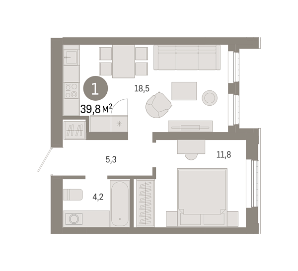 Новая 1-к квартира
 39.78 м² на 9/25 этаже в ЖК «Октябрьский на Туре» в городе Тюмень 