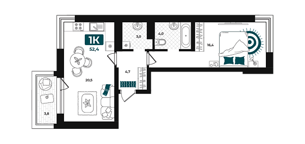 Новая 1-к квартира
 52.4 м² на 4/23 этаже в ЖК «Добро» в городе Тюмень 