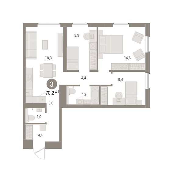 Новая 3-к квартира
 70.18 м² на 2/9 этаже в ЖК «Северный ветер» в городе Тюмень 