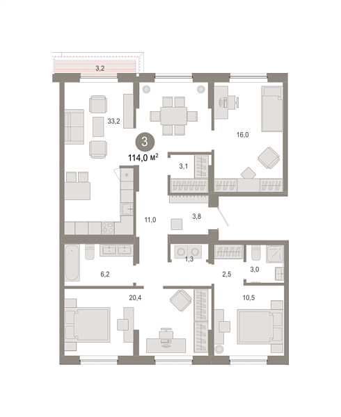 Новая 3-к квартира
 113.95 м² на 9/9 этаже в ЖК «Октябрьский на Туре» в городе Тюмень 