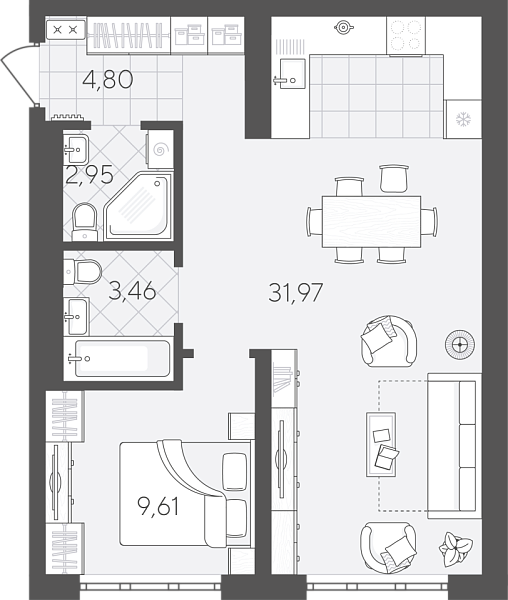 Новая 1-к квартира
 52.79 м² на 4/24 этаже в ЖК «Скандиа. Квартал в Слободе» в городе Тюмень 