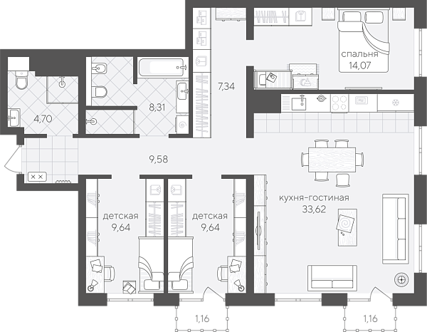 Новая 3-к квартира
 99.22 м² на 3/24 этаже в ЖК «Скандиа. Квартал в Комарово Парк» в городе Тюмень 