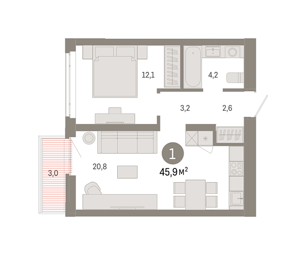 Новая 1-к квартира
 45.87 м² на 7/8 этаже в ЖК «Республики 205» в городе Тюмень 