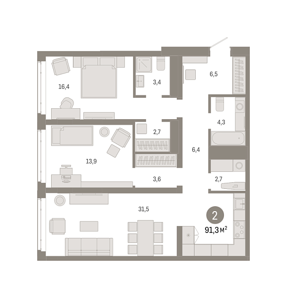 Новая 2-к квартира
 91.28 м² на 5/18 этаже в ЖК «Республики 205» в городе Тюмень 