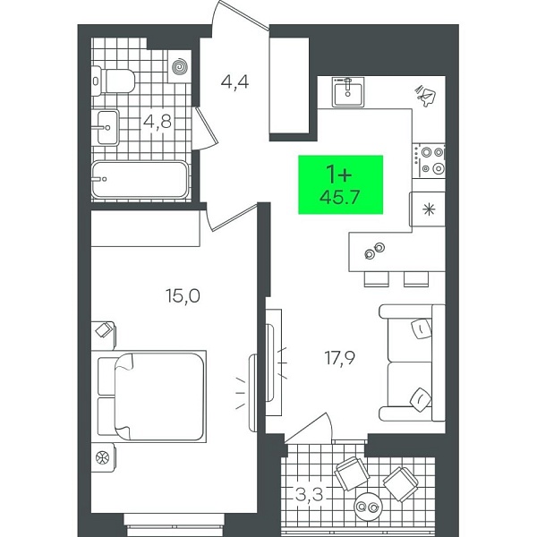 Новая 1-к квартира
 45.76 м² на 9/22 этаже в ЖК «Гранд Квартал» в городе Тюмень 