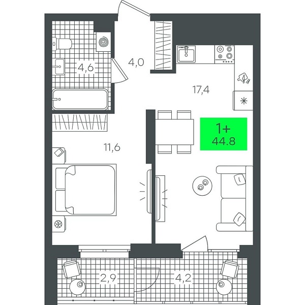 Новая 1-к квартира
 44.8 м² на 3/22 этаже в ЖК «Гранд Квартал» в городе Тюмень 