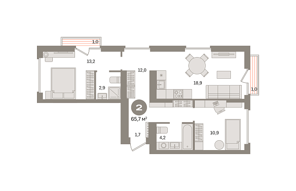 Новая 2-к квартира
 65.7 м² на 6/8 этаже в ЖК «Первый квартал» в городе Тюмень 