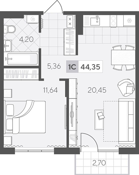 Новая 1-к квартира
 44.35 м² на 3/4 этаже в ЖК «Скандиа. Квартал у Озера» в городе Тюмень 