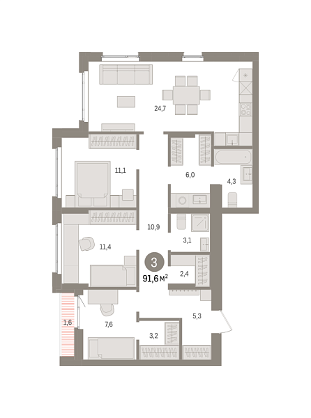 Новая 3-к квартира
 91.6 м² на 14/16 этаже в ЖК «Квартал «Траектория»» в городе Тюмень 
