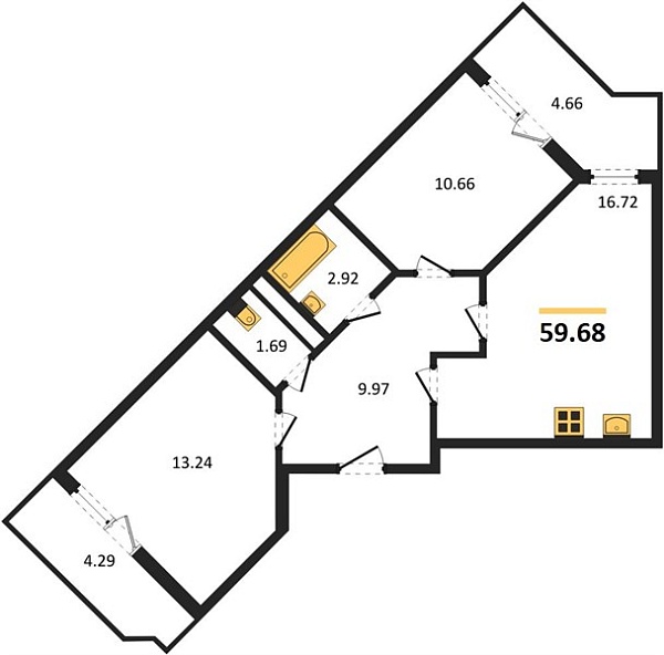 Новая 2-к квартира
 59.68 м² на 6/18 этаже в ЖК «Botanica Hills» в городе Тюмень 