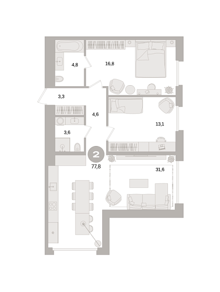 Новая 2-к квартира
 77.8 м² на 18/21 этаже в ЖК «Дом «А»» в городе Тюмень 