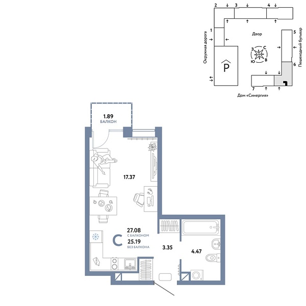 Новая квартира-студия
 27.08 м² на 3/16 этаже в ЖК «Юнион» в городе Тюмень 