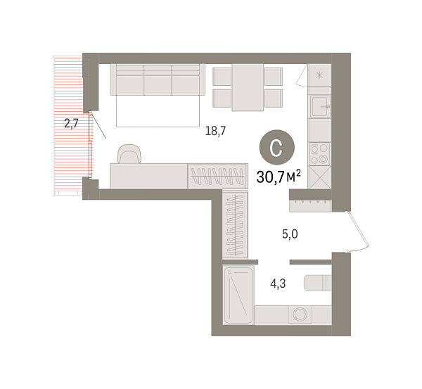 Новая квартира-студия
 30.7 м² на 5/7 этаже в ЖК «Квартал «Траектория»» в городе Тюмень 