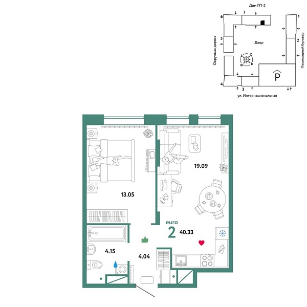 Новая 2-к квартира
 40.33 м² на 10/16 этаже в ЖК «Юнион» в городе Тюмень 