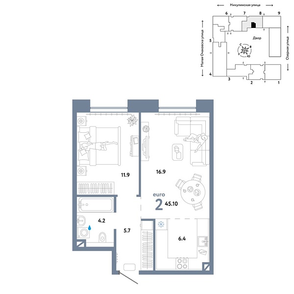 Новая 2-к квартира
 45.1 м² на 2/30 этаже в ЖК «Страна.Озёрная» в городе Тюмень 