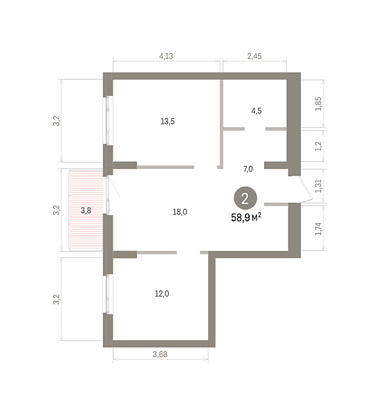 Количество комнат: 2,  58.85 кв.м.