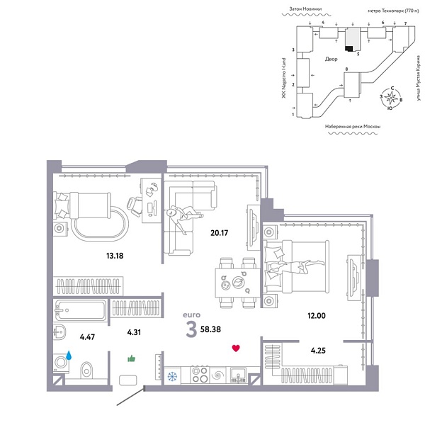 Новая 3-к квартира
 58.38 м² на 12/20 этаже в ЖК «ЖК WOW» в городе Тюмень 
