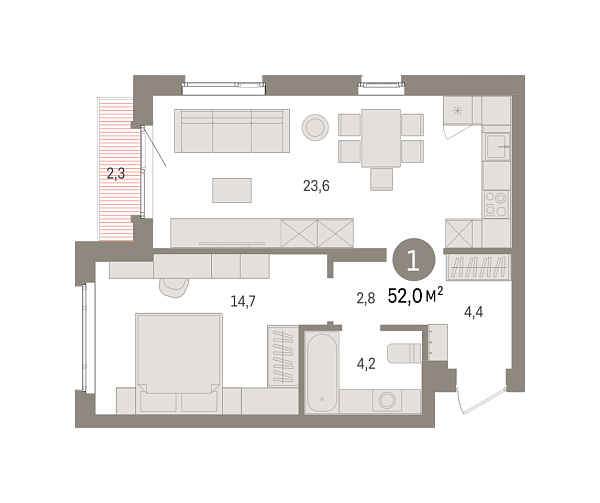 Новая 1-к квартира
 52 м² на 13/16 этаже в ЖК «Квартал «Траектория»» в городе Тюмень 