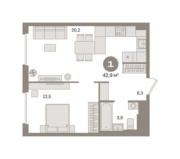Новая 1-к квартира
 42.86 м² на 15/16 этаже в ЖК «Квартал Герцена» в городе Тюмень 