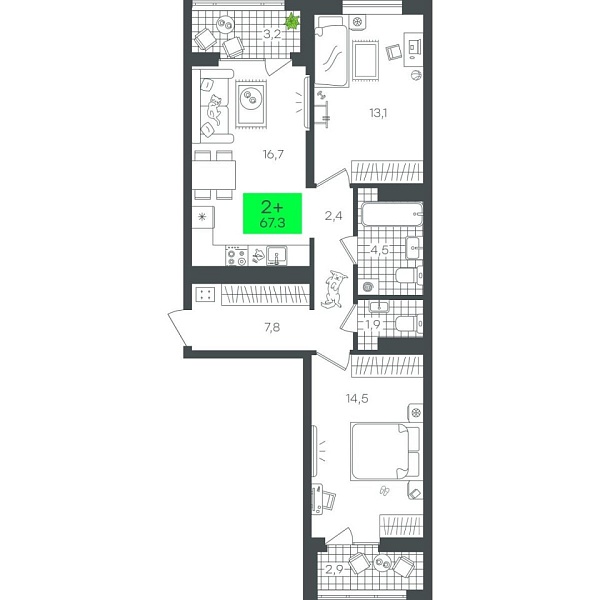 Новая 2-к квартира
 67.36 м² на 8/19 этаже в ЖК «Гранд Квартал» в городе Тюмень 