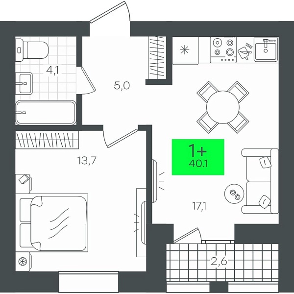 Новая 1-к квартира
 42.76 м² на 2/10 этаже в ЖК «Гранд Квартал» в городе Тюмень 