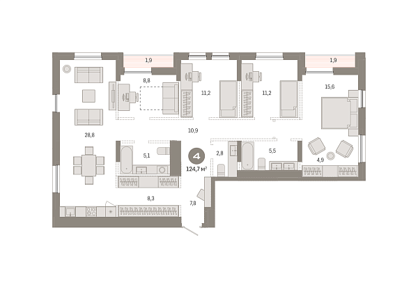 Новая 4-к квартира
 124.71 м² на 17/17 этаже в ЖК «Республики 205» в городе Тюмень 