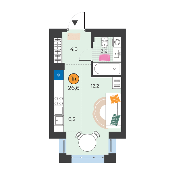 Новая квартира-студия
 26.6 м² на 4/25 этаже в ЖК «Корней» в городе Тюмень 