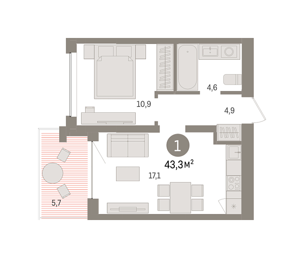 Новая 1-к квартира
 43.31 м² на 3/8 этаже в ЖК «Европейский квартал» в городе Тюмень 