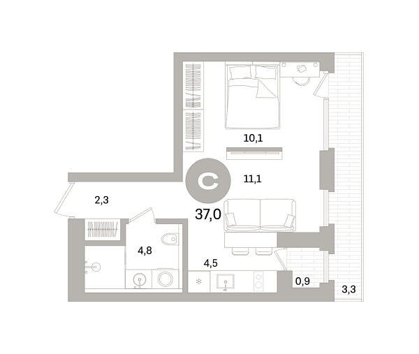 Новая 1-к квартира
 37.01 м² на 2/8 этаже в ЖК «Северный ветер» в городе Тюмень 