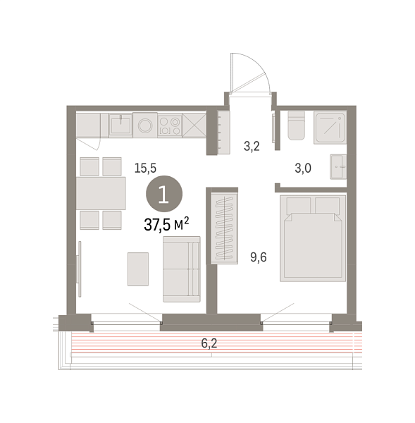 Новая 1-к квартира
 37.51 м² на 7/8 этаже в ЖК «Брусника в Академическом» в городе Тюмень 