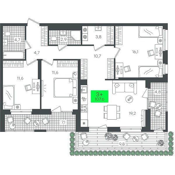 Количество комнат: 3,  107.63 кв.м.