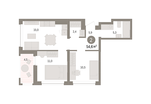 Новая 2-к квартира
 54.64 м² на 3/8 этаже в ЖК «Европейский квартал» в городе Тюмень 