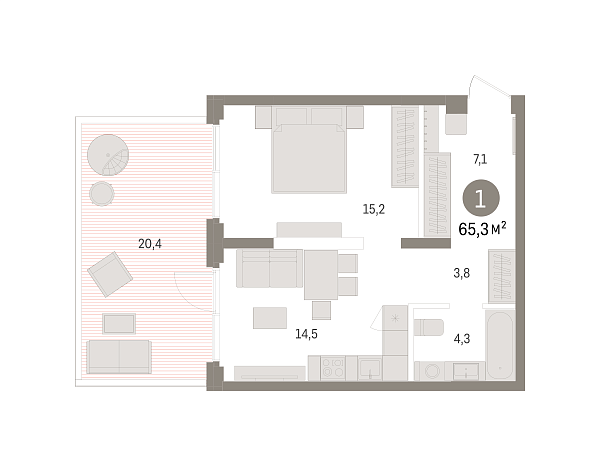Новая 1-к квартира
 65.23 м² на 2/8 этаже в ЖК «Зарека» в городе Тюмень 