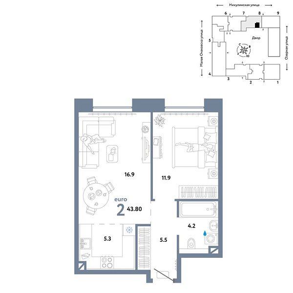 Новая 2-к квартира
 43.8 м² на 3/30 этаже в ЖК «Страна.Озёрная» в городе Тюмень 