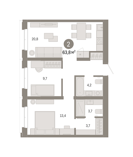 Новая 2-к квартира
 63.77 м² на 2/7 этаже в ЖК «Кварталы «На Минской»» в городе Тюмень 