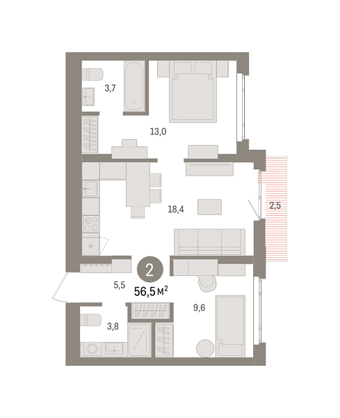 Новая 2-к квартира
 56.5 м² на 4/7 этаже в ЖК «Квартал «Траектория»» в городе Тюмень 