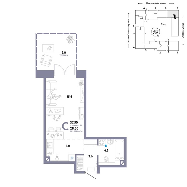 Новая квартира-студия
 37.5 м² на 2/30 этаже в ЖК «Страна.Озёрная» в городе Тюмень 