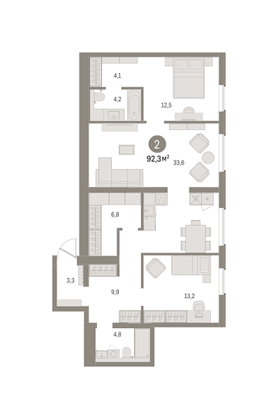 Новая 2-к квартира
 92.27 м² на 5/9 этаже в ЖК «Северный ветер» в городе Тюмень 