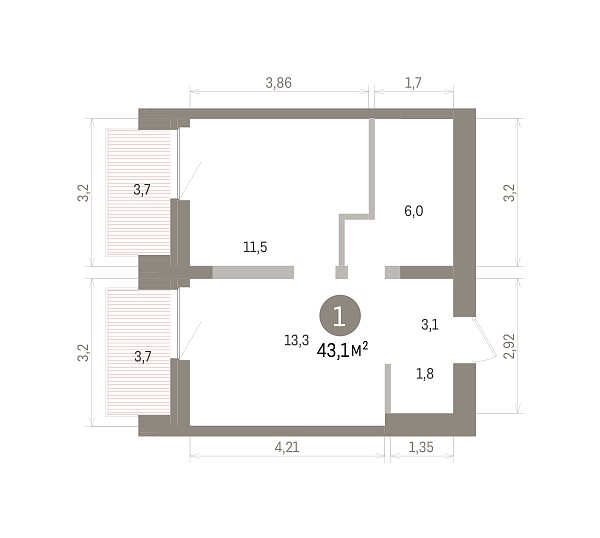 Количество комнат: 1,  43.1 кв.м.