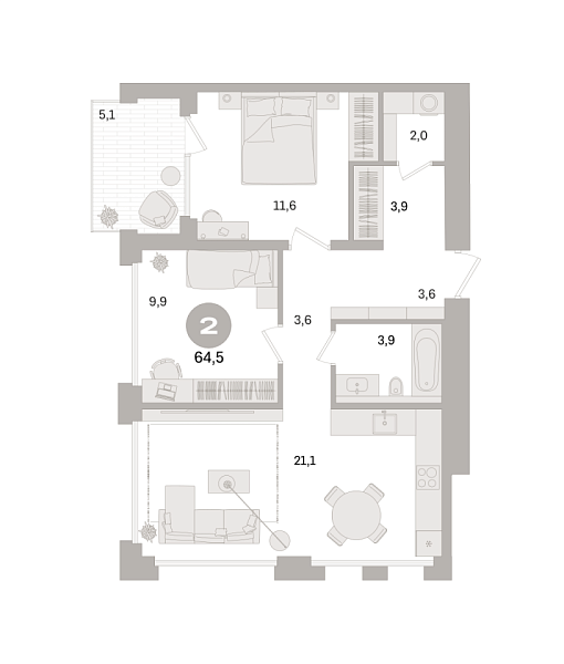 Новая 1-к квартира
 64.5 м² на 7/8 этаже в ЖК «Дом «А»» в городе Тюмень 