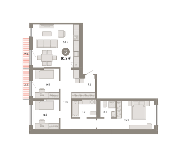 Новая 3-к квартира
 91.25 м² на 2/8 этаже в ЖК «Октябрьский на Туре» в городе Тюмень 