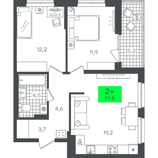 Новая 2-к квартира
 61.6 м² на 11/22 этаже в ЖК «Гранд Квартал» в городе Тюмень 