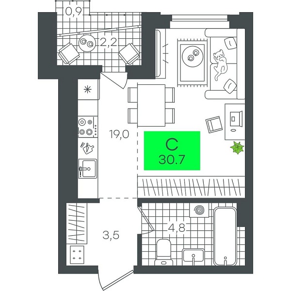 Новая квартира-студия
 30.73 м² на 10/12 этаже в ЖК «Гранд Квартал» в городе Тюмень 