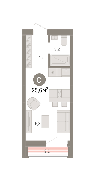 Новая квартира-студия
 25.6 м² на 3/7 этаже в ЖК «Речной порт» в городе Тюмень 