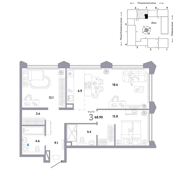Новая 3-к квартира
 68.9 м² на 27/30 этаже в ЖК «Страна.Озёрная» в городе Тюмень 