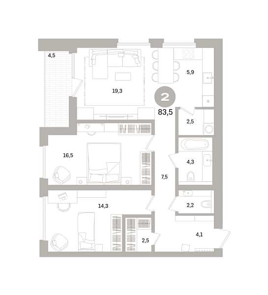 Новая 2-к квартира
 83.51 м² на 6/16 этаже в ЖК «Северный ветер» в городе Тюмень 